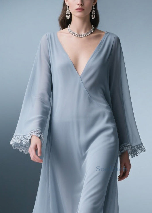 Blue V Neck Lace Chiffon Long Dress Spring