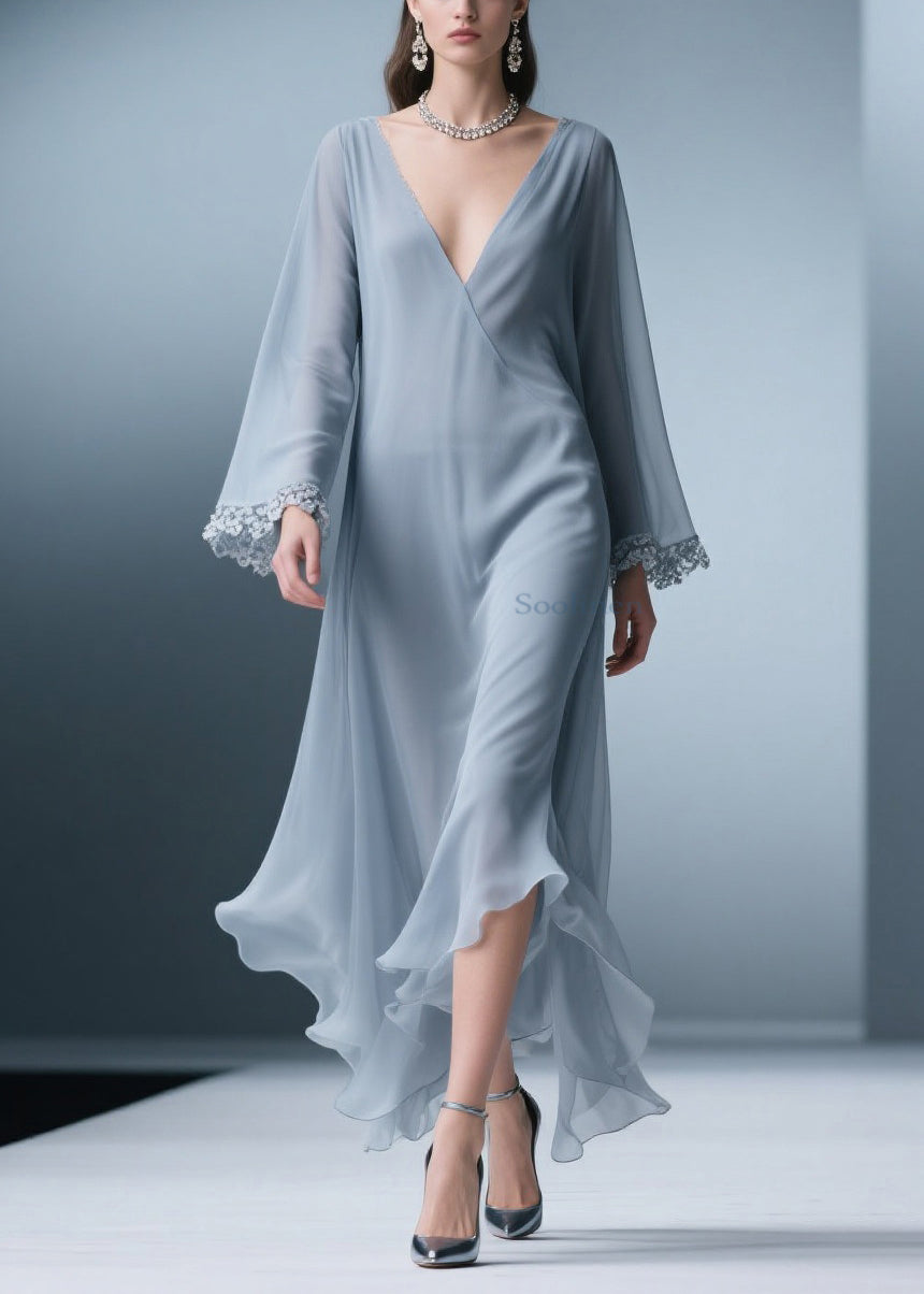 Blue V Neck Lace Chiffon Long Dress Spring
