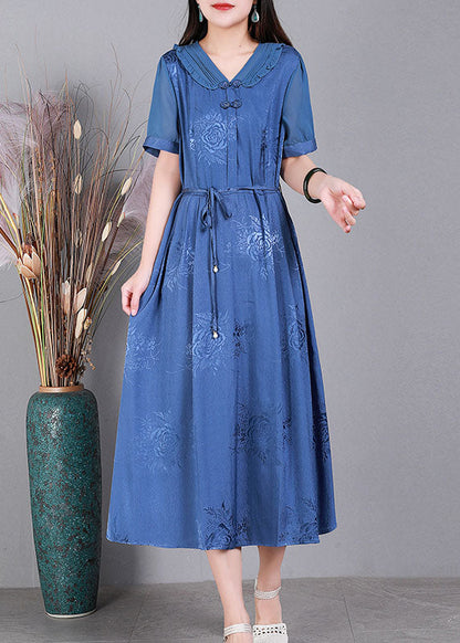 Blue V Neck Tie Waist Jacquard Oriental Button Silk Holiday Dress Summer
