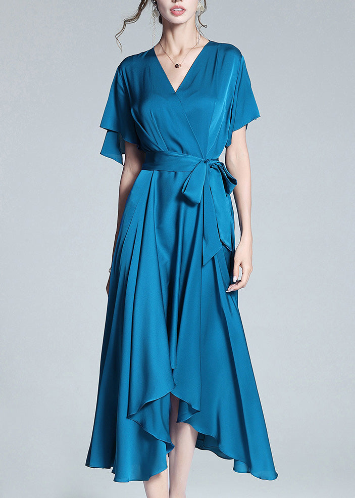 Blue V Neck Tie Waist Silk Long Dresses Summer