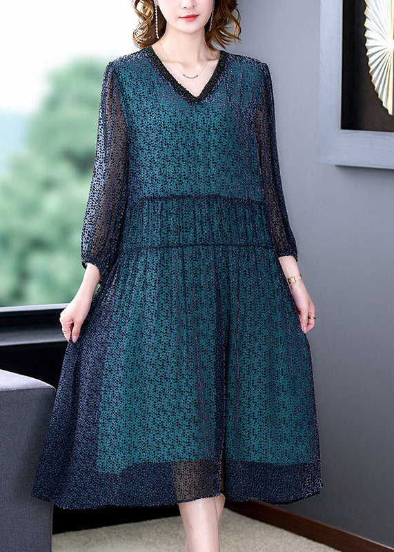 Blue V Neck Wrinkled Patchwork Silk Dress Long Sleeve