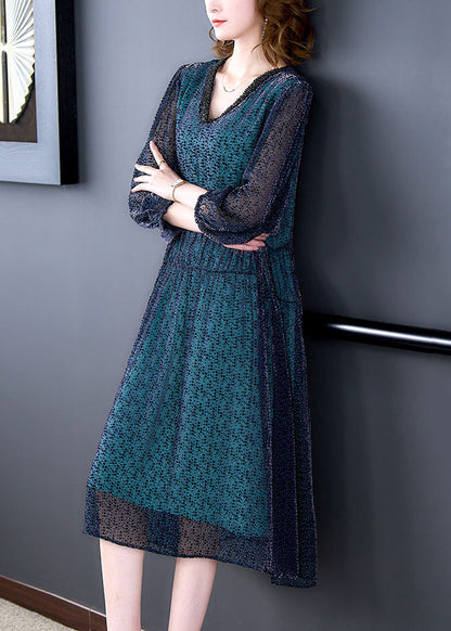 Blue V Neck Wrinkled Patchwork Silk Dress Long Sleeve