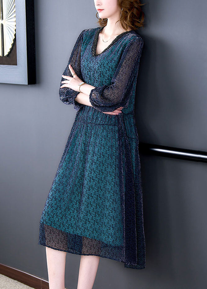 Blue V Neck Wrinkled Patchwork Silk Dress Long Sleeve