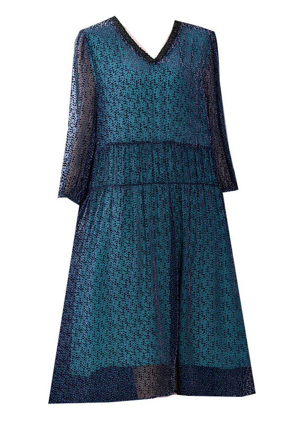 Blue V Neck Wrinkled Patchwork Silk Dress Long Sleeve
