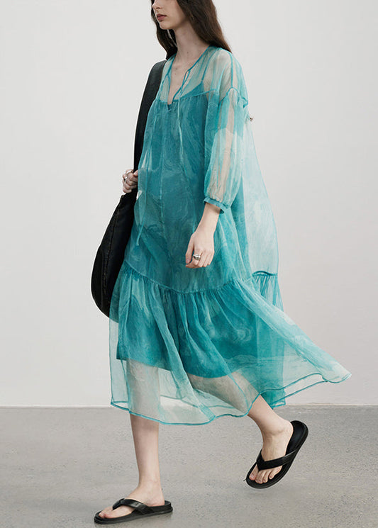 Blue V Neck Wrinkled Patchwork Silk Dress Summer