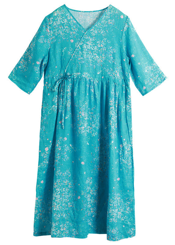Blue V Neck Tie Waist Print Linen Dress Half Sleeve