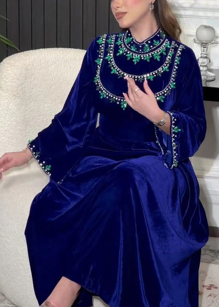 Blue Zippered Zircon Silk Velvet Long Dress Long Sleeve