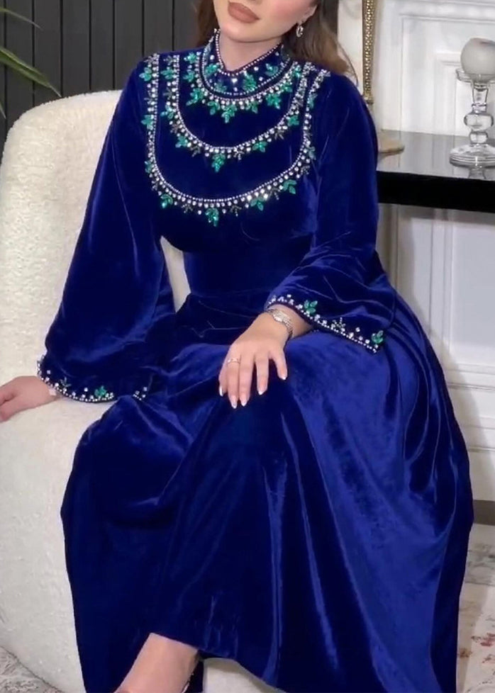 Blue Zippered Zircon Silk Velvet Long Dress Long Sleeve