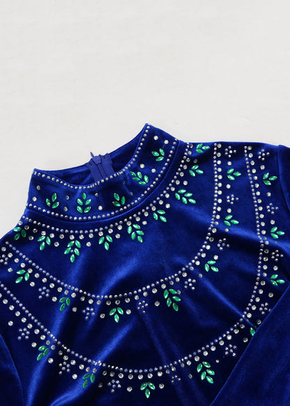 Blue Zippered Zircon Silk Velvet Long Dress Long Sleeve