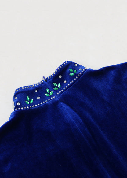 Blue Zippered Zircon Silk Velvet Long Dress Long Sleeve