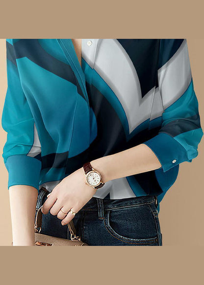 Elegant Blue button Peter Pan Collar Print Shirt Top Long Sleeve