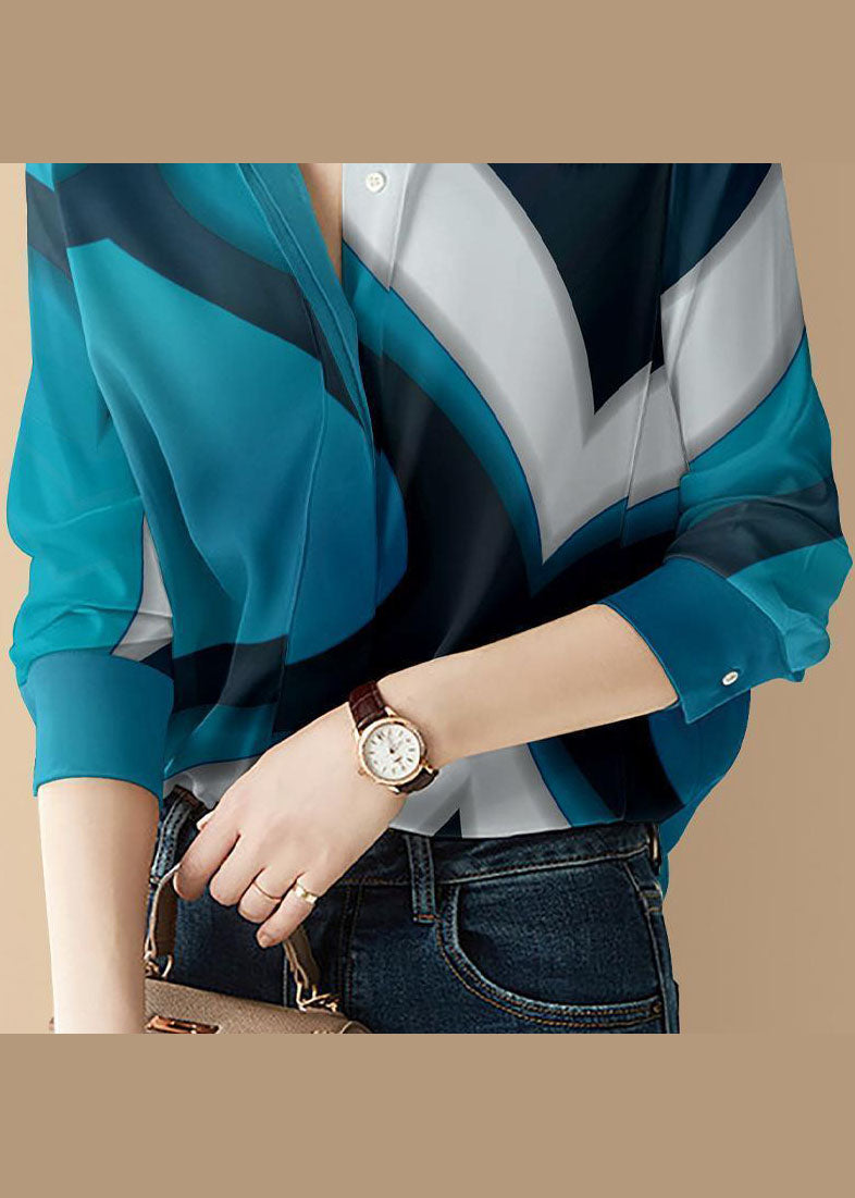 Blue Button Peter Pan Collar Print Shirt Top Long Sleeve