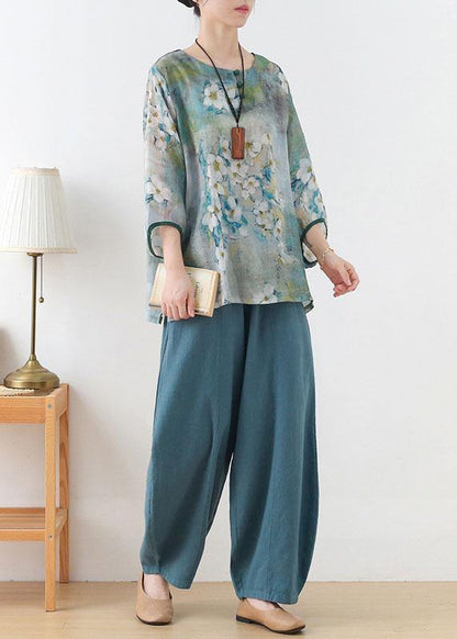 Blue Retro O-neck Fall Blouses Three Quarter Sleeve