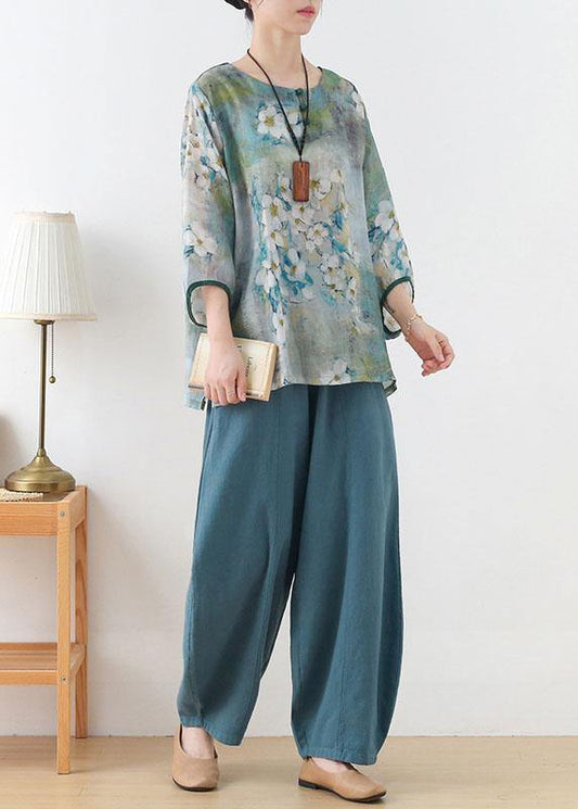 Blue Retro O-neck Fall Blouses Three Quarter Sleeve