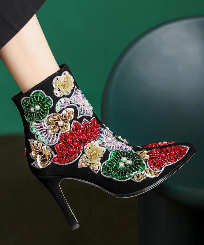 Black Embroidered Nail Bead Short Boots Stiletto Sheepskin