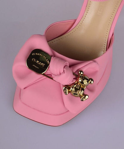Bow Splicing Buckle Strap High Heels Pink Faux Leather