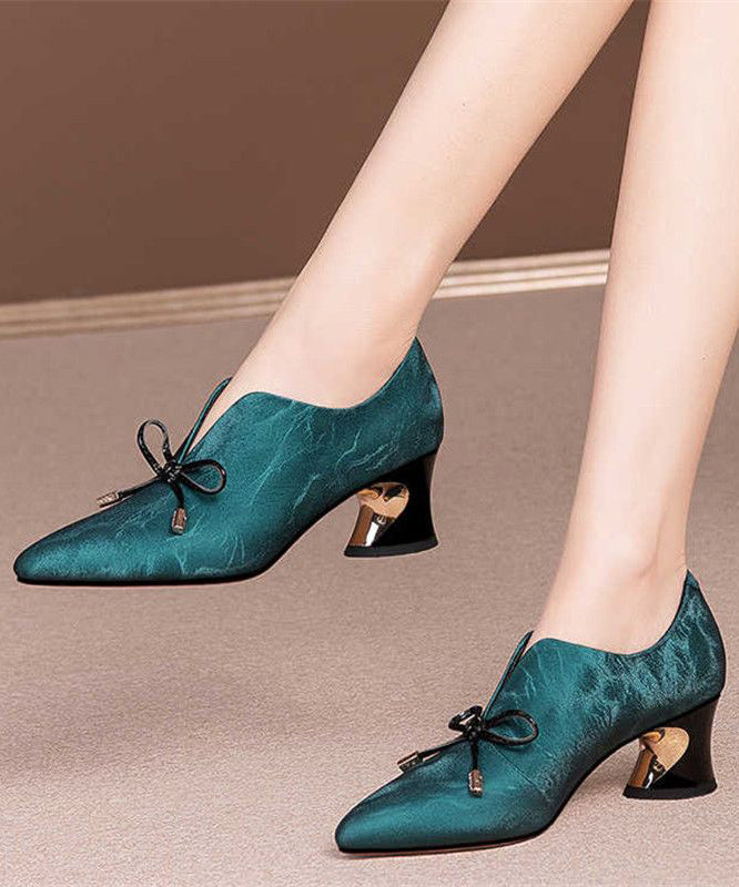 Bow Splicing Pointed Toe Chunky Black Cowhide Leather
