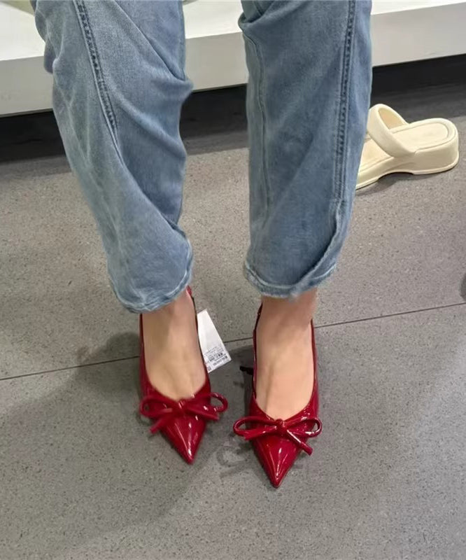 Bow Splicing Stiletto High Heels Red Faux Leather