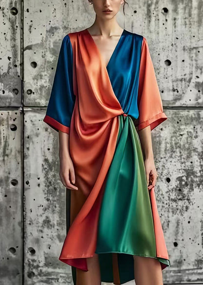 Brick Red Asymmetrical Patchwork Silk Holiday Dress Summer