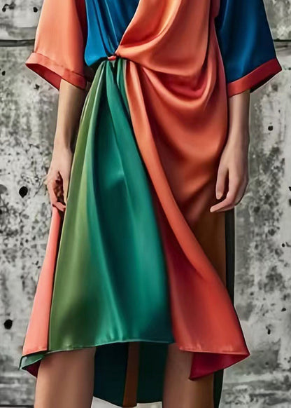 Brick Red Asymmetrical Patchwork Silk Holiday Dress Summer
