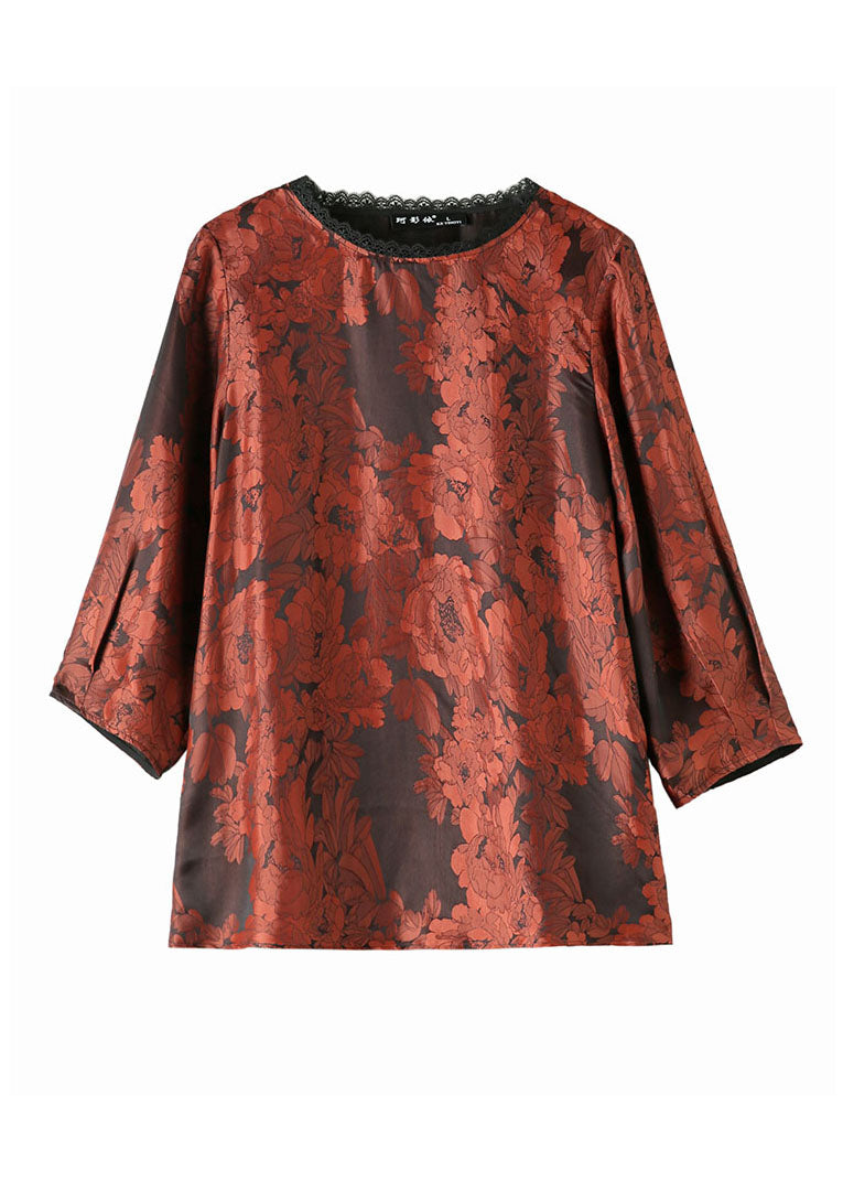 Brick Red O-neck Lace Patchwork Draping Silk Shirt Top Bracelet Sleeve