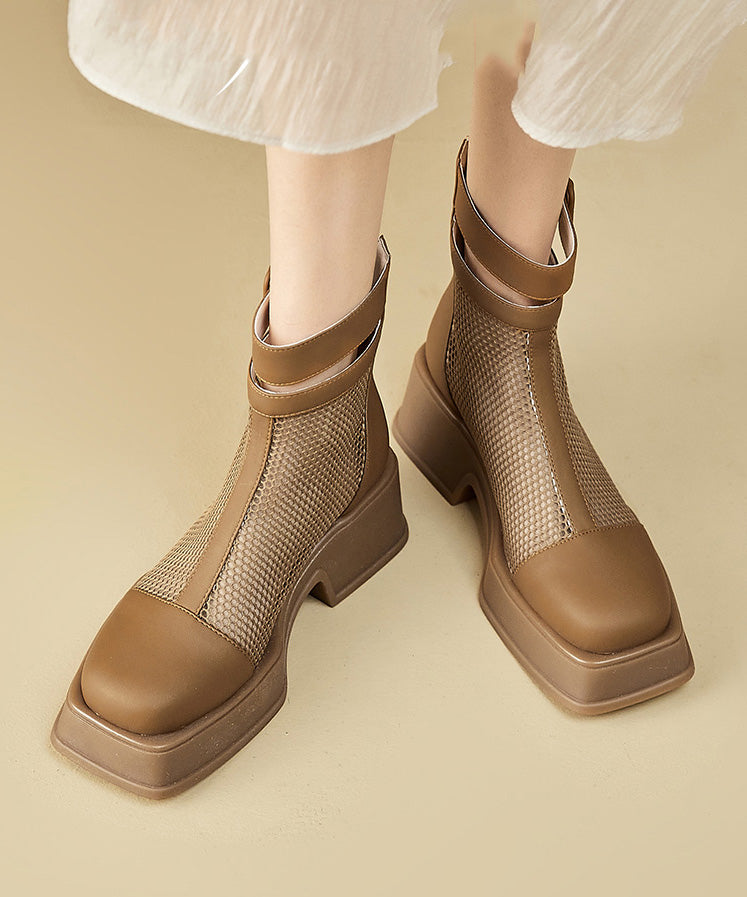 Brown Chunky Faux Leather Breathable Mesh Splicing Sandals