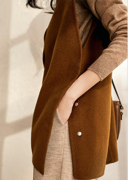 Brown Chocolate Side Open Button V Neck Woolen Vest Sleeveless