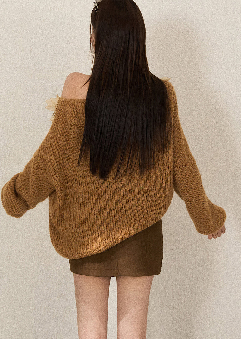 Brown Cold Shoulder Decorated Knit Shirts Fall
