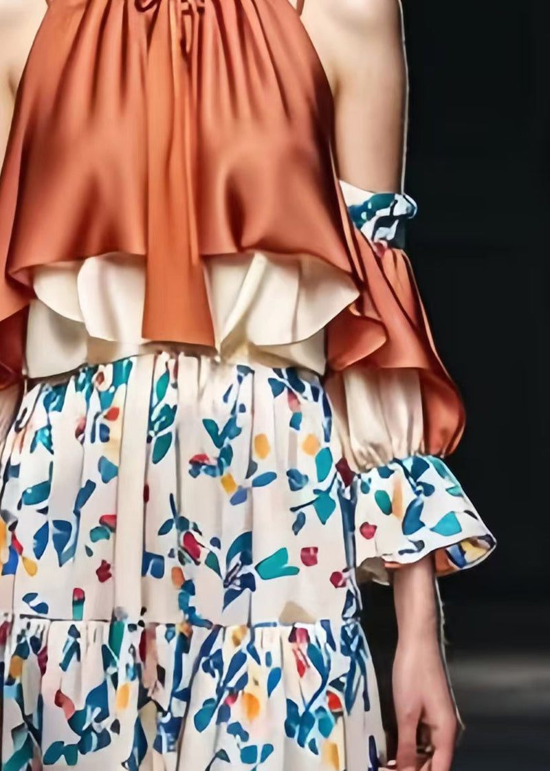 Brown Cold Shoulder Patchwork Print Silk Dresses Spring