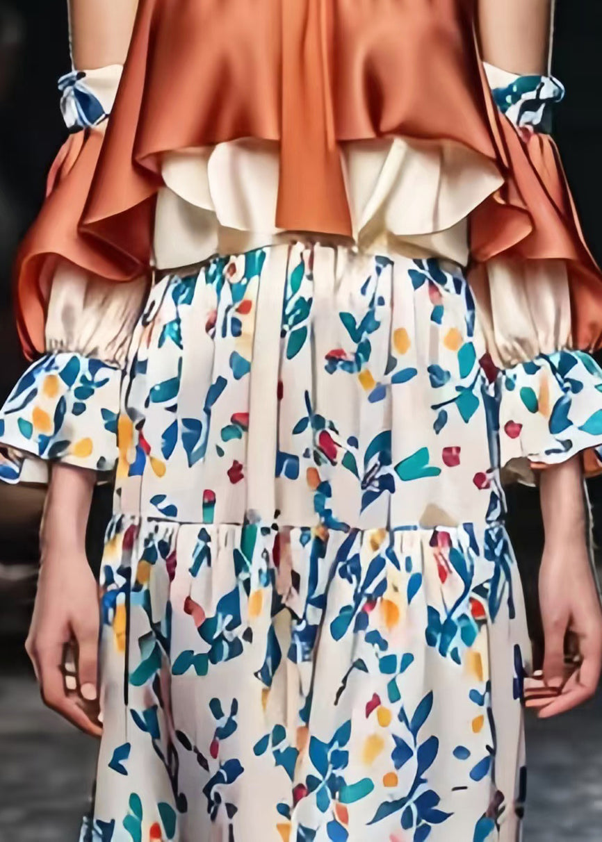 Brown Cold Shoulder Patchwork Print Silk Dresses Spring