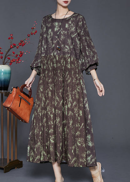Brown Elastic Waist Print Cotton Long Dress Spring