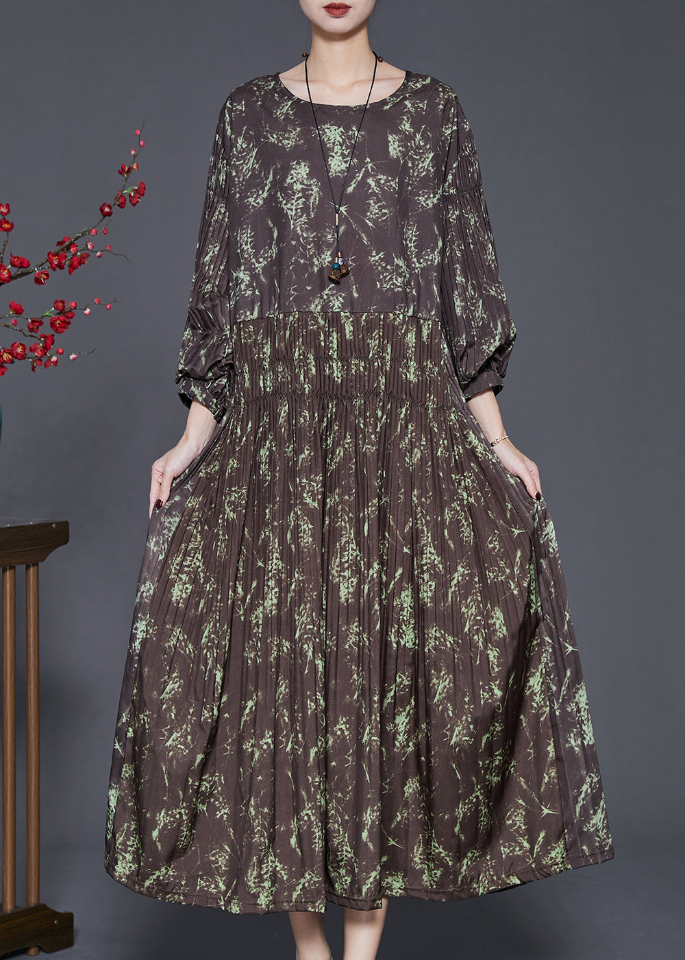 Brown Elastic Waist Print Cotton Long Dress Spring