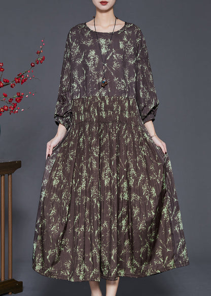 Brown Elastic Waist Print Cotton Long Dress Spring
