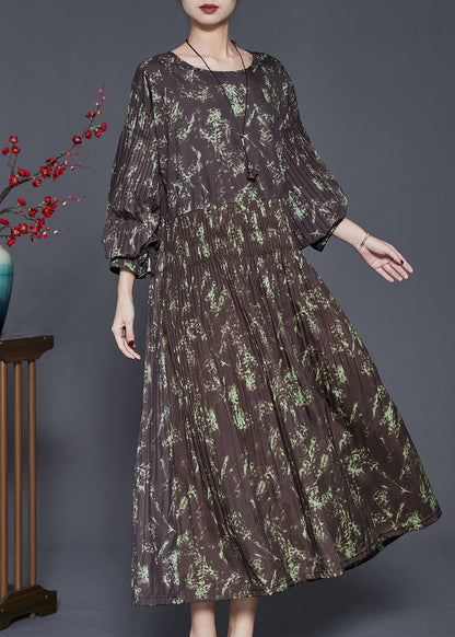 Brown Elastic Waist Print Cotton Long Dress Spring