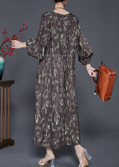 Brown Elastic Waist Print Cotton Long Dress Spring