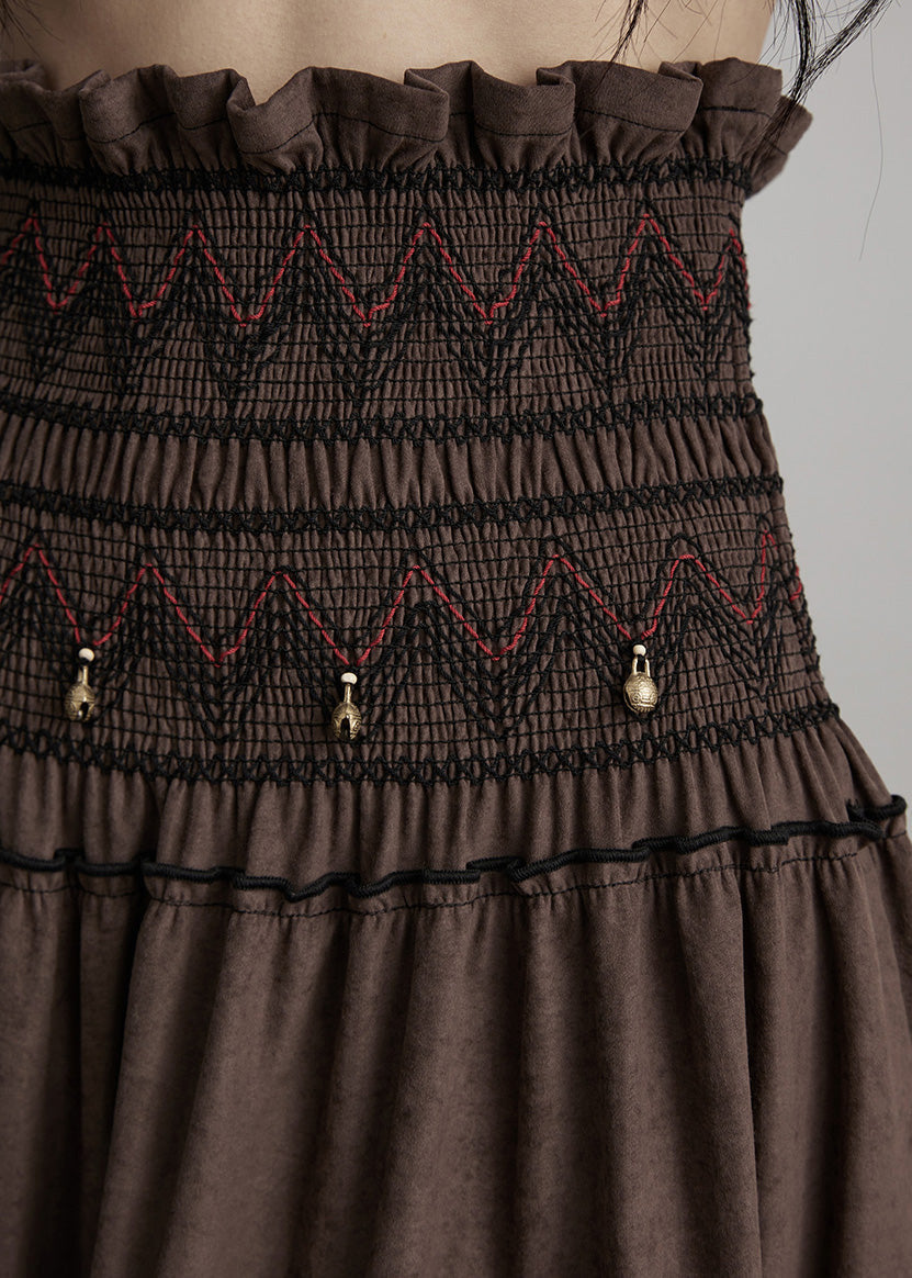 Brown Embroidered Tasseled Cotton Holiday Skirt Spring
