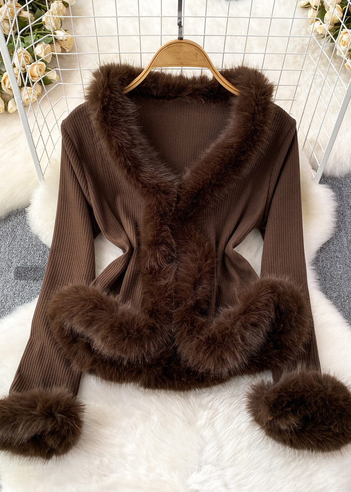 Brown Fur Collar Patchwork Cotton Knit Sweater Flare Sleeve