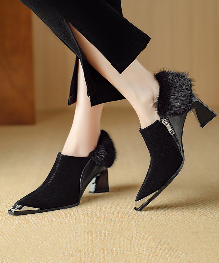 Brown High Heels Chunky Suede Splicing Fuzzy Fur