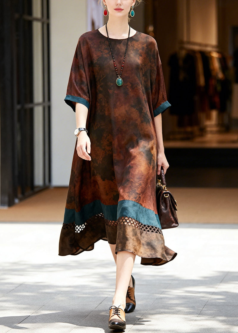 Brown Hollow Out Patchwork Cotton Long Dress Summer