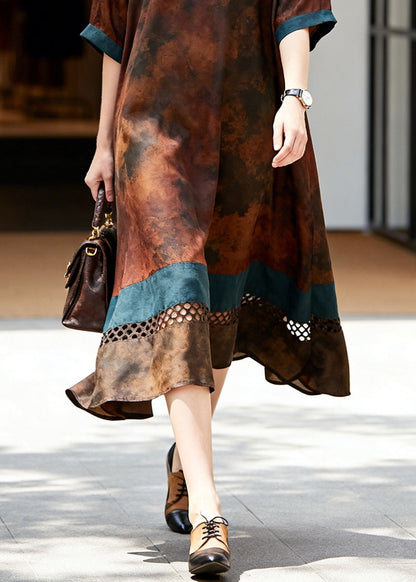 Brown Hollow Out Patchwork Cotton Long Dress Summer