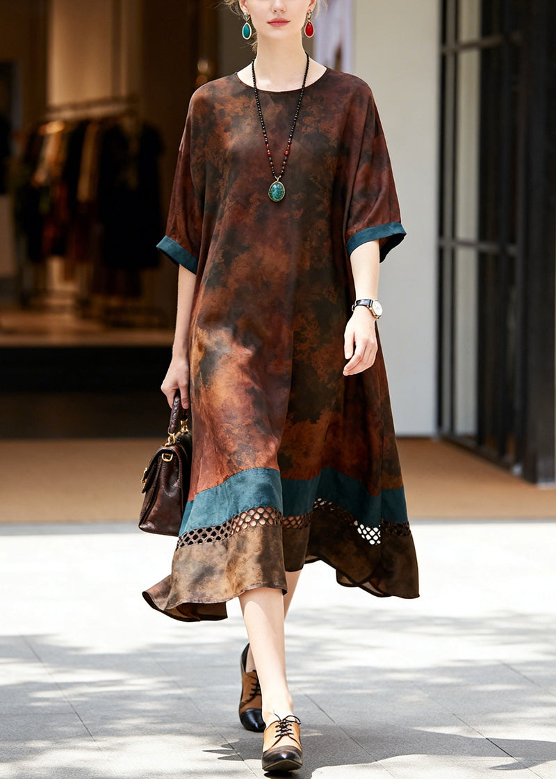 Brown Hollow Out Patchwork Cotton Long Dress Summer