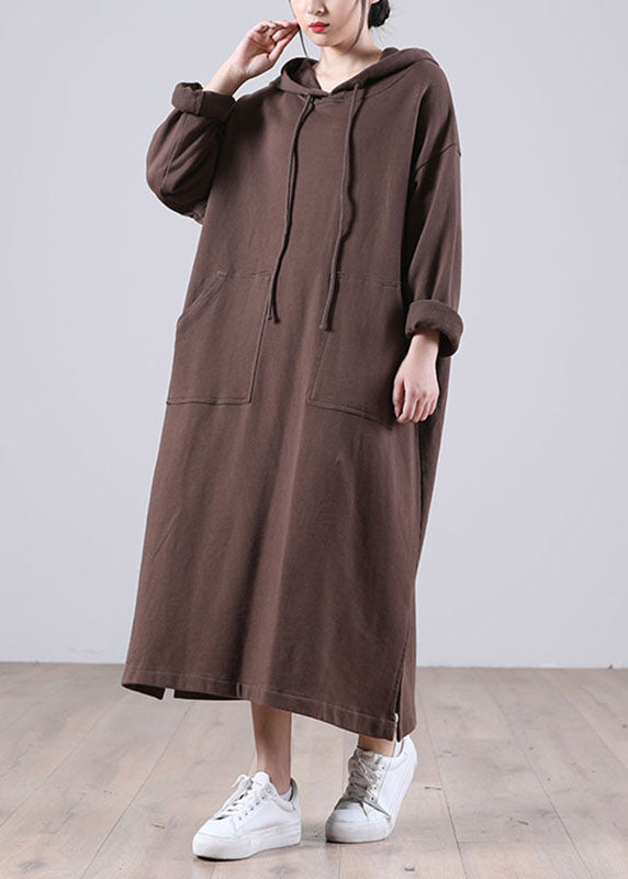 Brown Hooded Pockets Side Open Fall Sweatshirt Dresses
