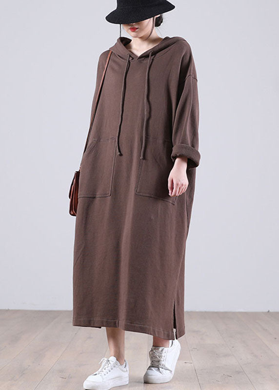 Brown Hooded Pockets Side Open Fall Sweatshirt Dresses