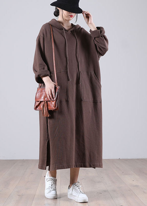 Brown Hooded Pockets Side Open Fall Sweatshirt Dresses