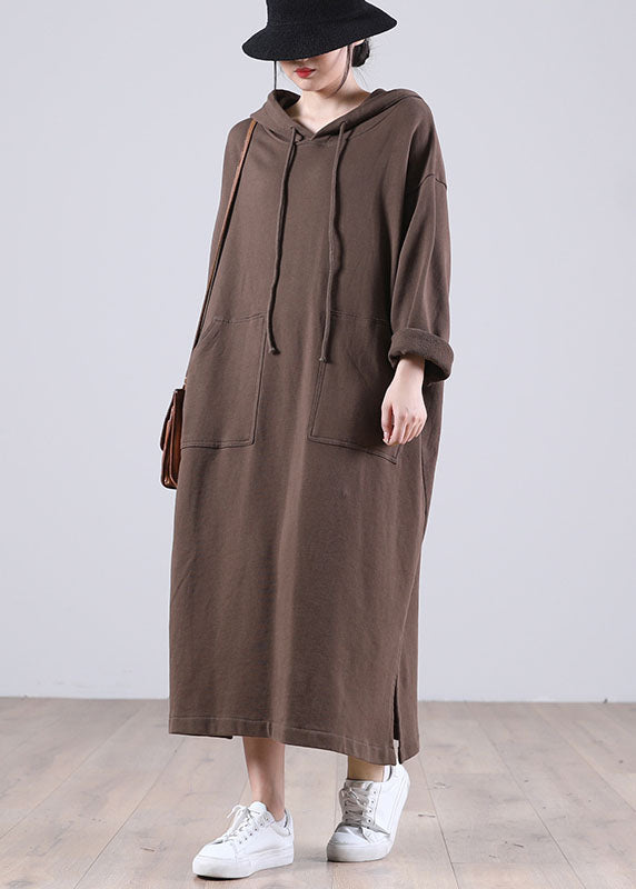 Brown Hooded Pockets Side Open Fall Sweatshirt Dresses