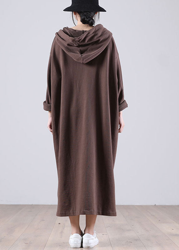 Brown Hooded Pockets Side Open Fall Sweatshirt Dresses