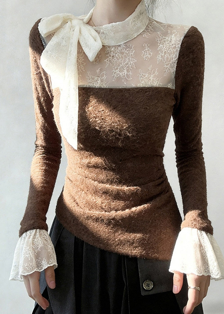 Brown Lace Up Lace Patchwork T Shirt Flare Sleeve