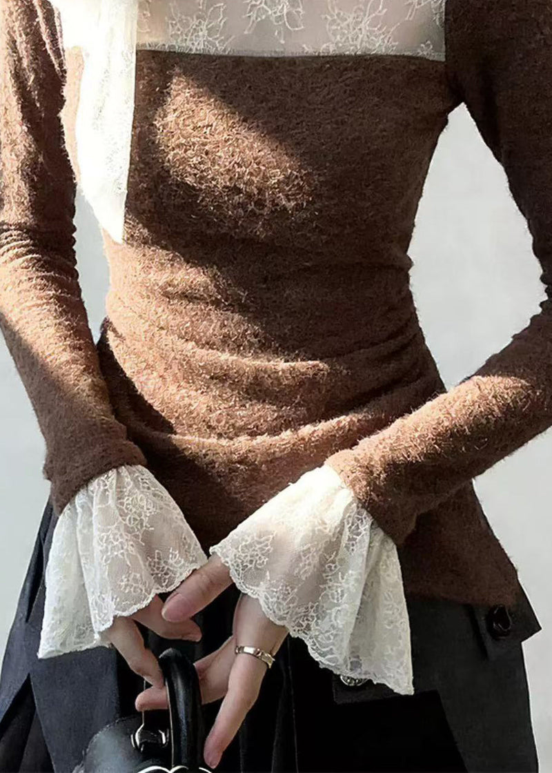 Brown Lace Up Lace Patchwork T Shirt Flare Sleeve