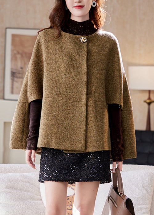Brown O-neck Button Woolen Coats Batwing Sleeve