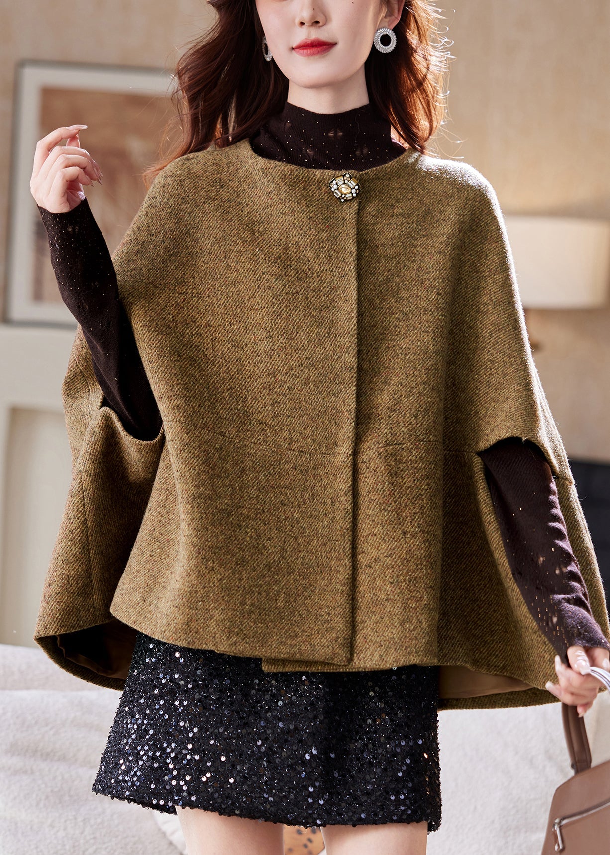 Brown O-neck Button Woolen Coats Batwing Sleeve